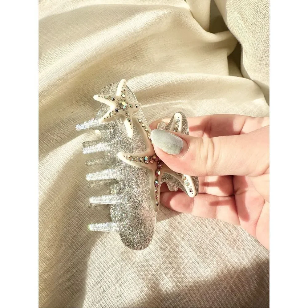 Mermaid Starfish Rhinestone Hair Claw Clip | White & Silver Glitter Coastal